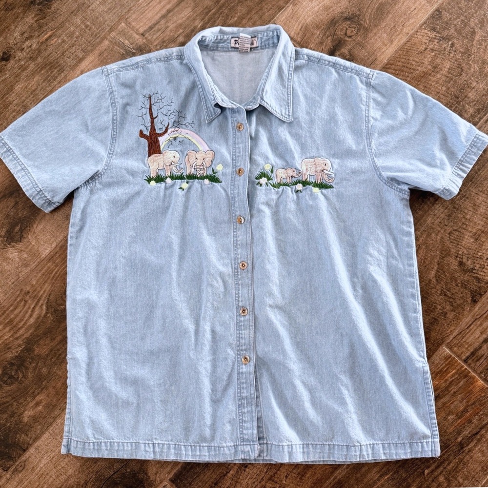 Passion Women's‎ Vintage Embroidered Elephant Button Down Denim Shirt, Blue,XL